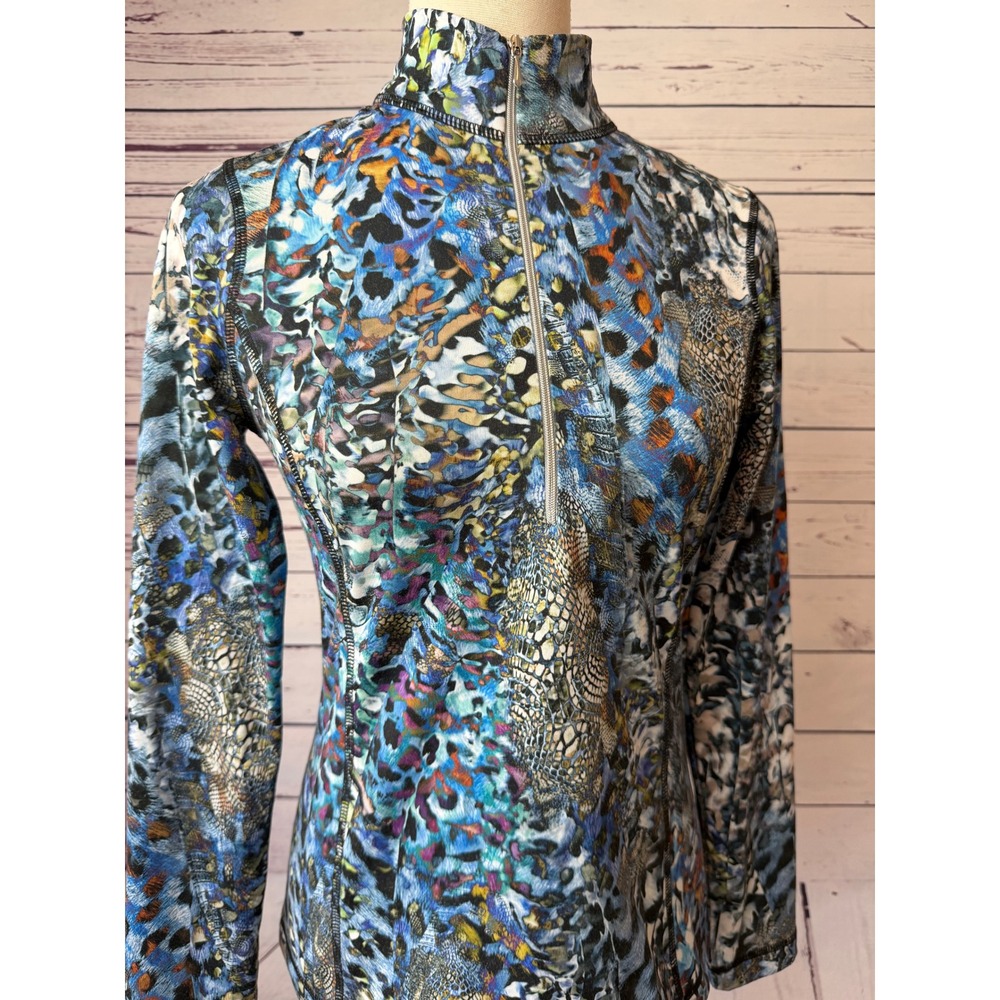 Snoskins Mock Neck Top Womens Small Blue Abstract Animal Print Microfiber